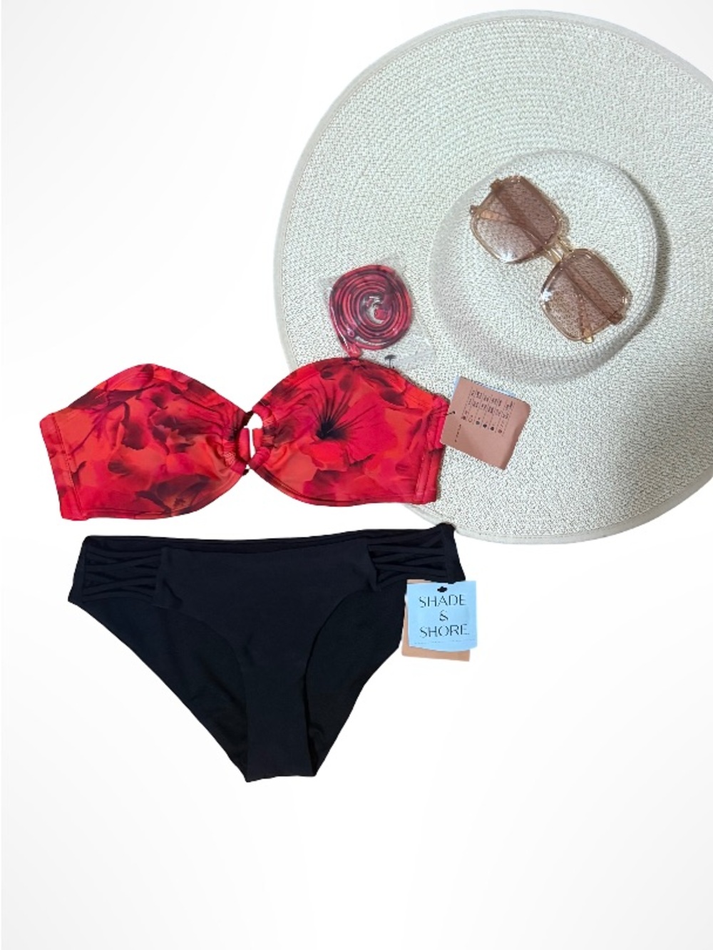 Shade & Shore Red Floral Bandeau Bikini with Black Bottoms